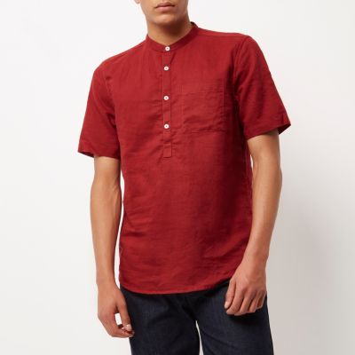 Red linen-rich grandad collar shirt
